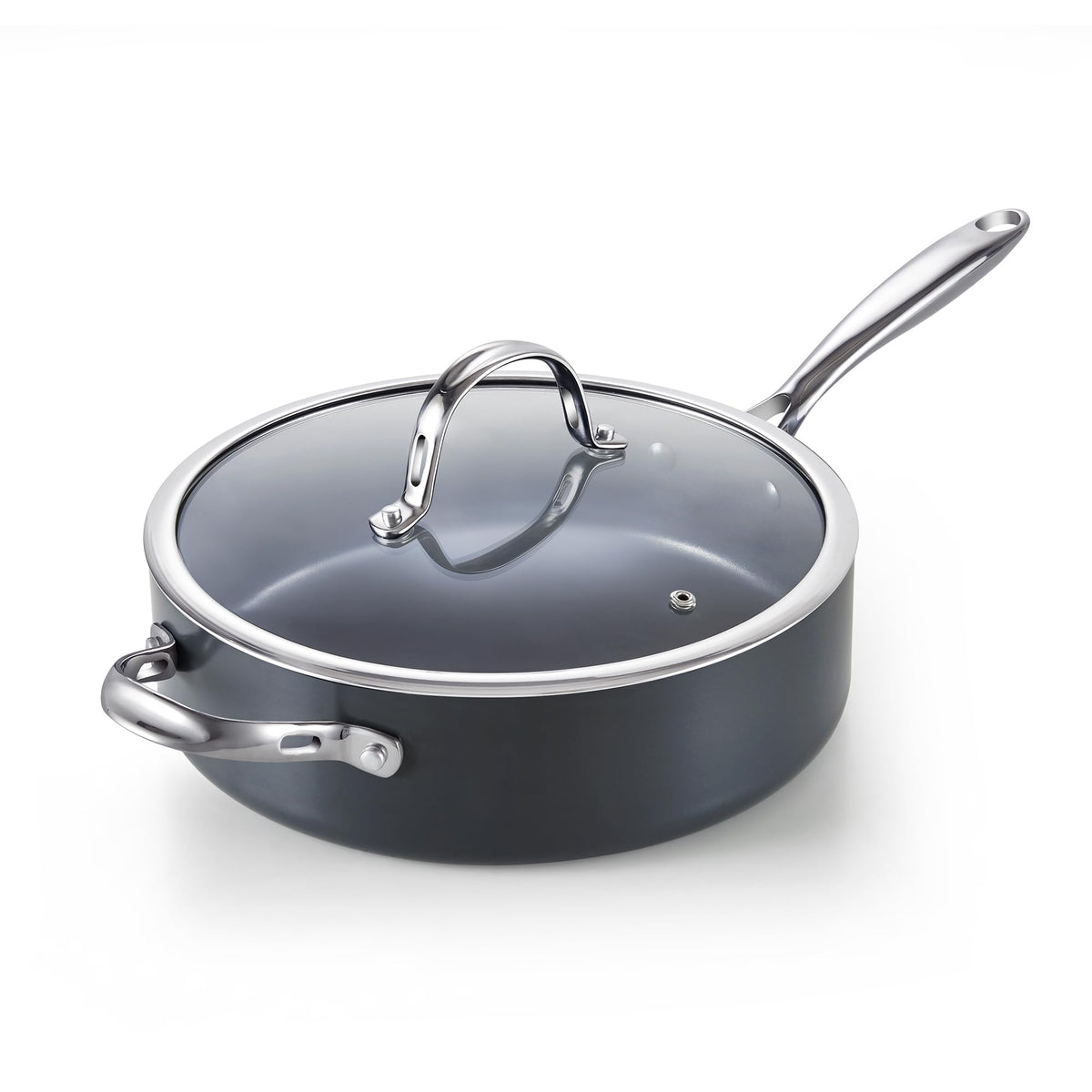 Cooks Standard 4-QT Nonstick Deep Sauté Pan with Lid 10.5-inch Deep Frying Pan Hard Anodized Ceramic Nonstick Induction Cookware Oven Safe Large Skillet Jumbo Cooker Sartén Helper Handle Black