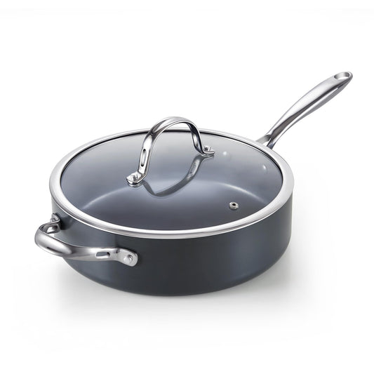 Cooks Standard 4-QT Nonstick Deep Sauté Pan with Lid 10.5-inch Deep Frying Pan Hard Anodized Ceramic Nonstick Induction Cookware Oven Safe Large Skillet Jumbo Cooker Sartén Helper Handle Black
