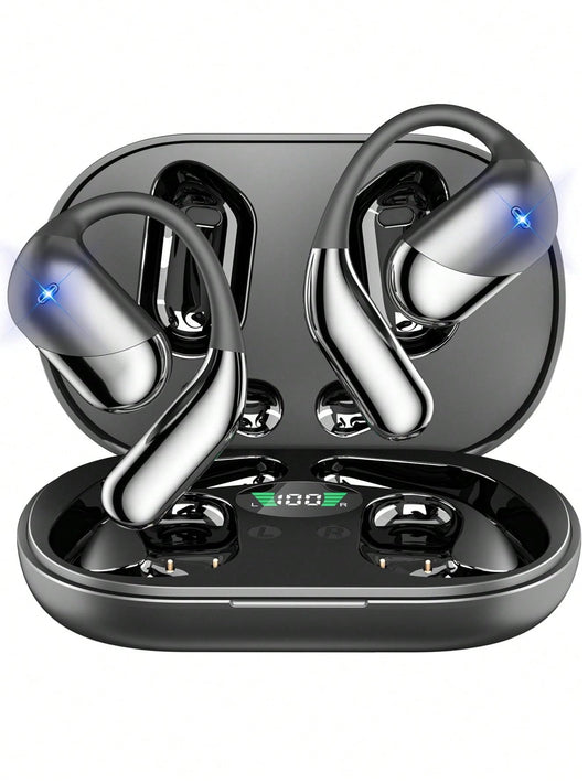 Open Ear Bluetooth 5.4 Headphones Wireless Earbuds Sport Over Earphones Built-in Mic with Ear Hooks 50H Playtime Ear Buds LED Display Charging Case，Waterproof Design for Running Fitness Walkin
