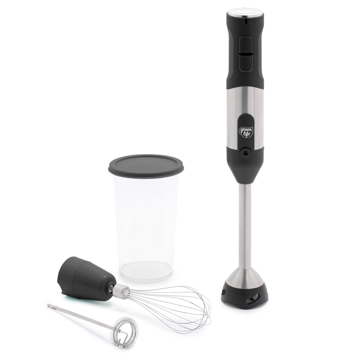 GreenLife 500-Watt Immersion Electric Handheld Stick Blender with Stainless Steel Blades Whisk Frother Measuring Cup and Lid Soups Puree Cake Multi-Speed Control Portable Black