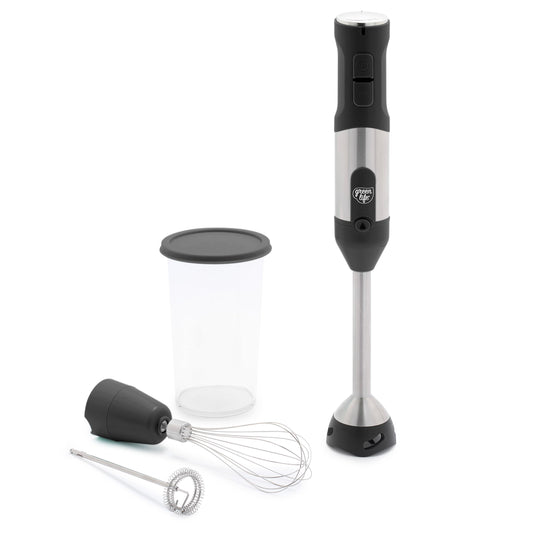 GreenLife 500-Watt Immersion Electric Handheld Stick Blender with Stainless Steel Blades Whisk Frother Measuring Cup and Lid Soups Puree Cake Multi-Speed Control Portable Black