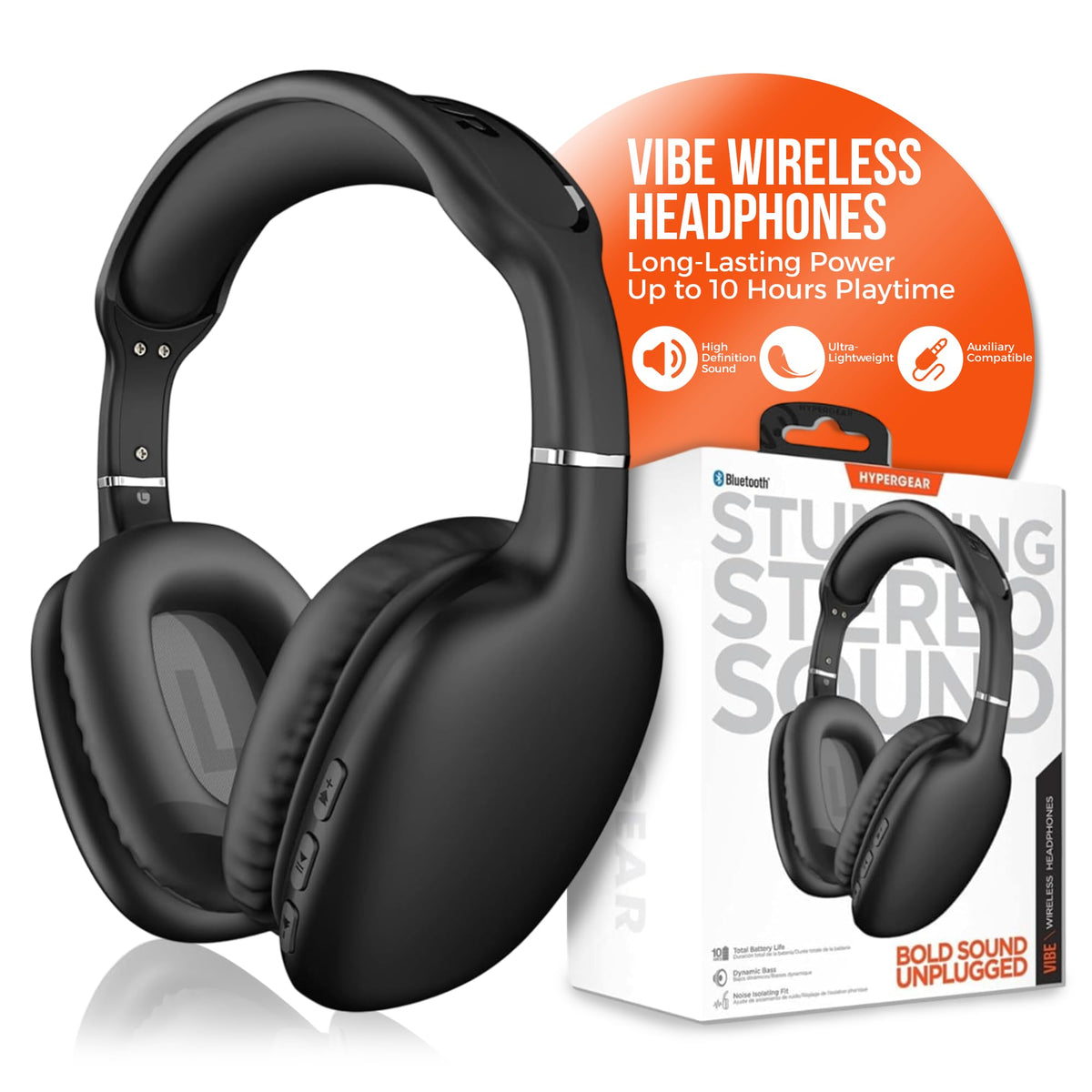 HyperGear Vibe Bluetooth Wireless Headphones - Over-Ear Headphones Wireless with Noise Isolating Fit Built-in Mic & Controls Memory Foam Ear Cups for Travel Home Office Gym & More - Black