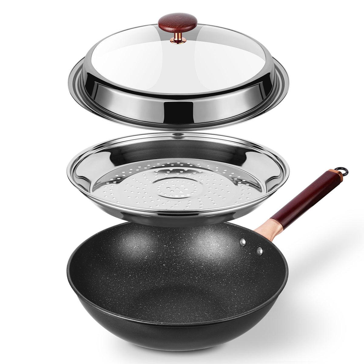Kseroo 12.5” Woks & Stir-Fry Pans with Lid Steamer Nonstick Ceramic Wok Pan with Lid Deep Large Induction Hard Anodized Frying Wok Carbon Steel Wok Set Flat Bottom Large Saute Pan Set