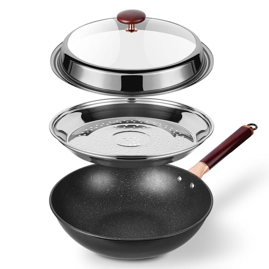Kseroo 12.5” Woks & Stir-Fry Pans with Lid Steamer Nonstick Ceramic Wok Pan with Lid Deep Large Induction Hard Anodized Frying Wok Carbon Steel Wok Set Flat Bottom Large Saute Pan Set